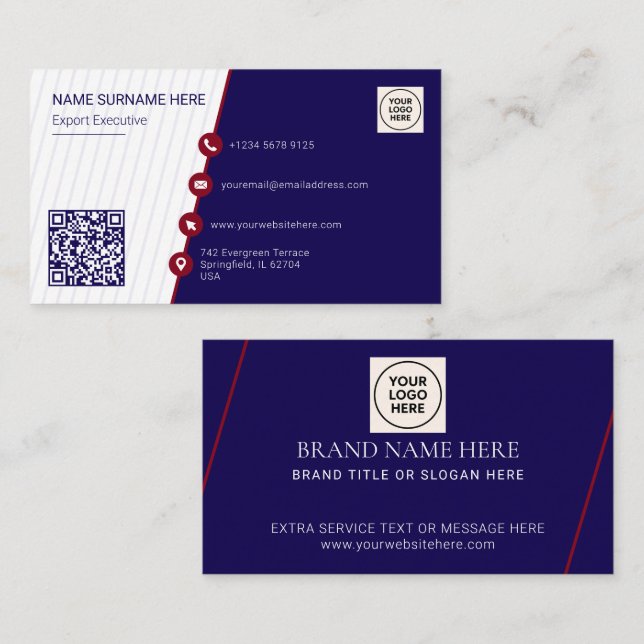 Navy Simple formale QR Code Beruflich modern Visitenkarte (Vorne/Hinten)