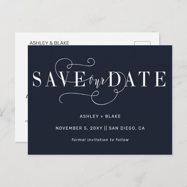 Navy Simple Handwriting Calligraphy Save the Date Ankündigungspostkarte (Vorne/Hinten)