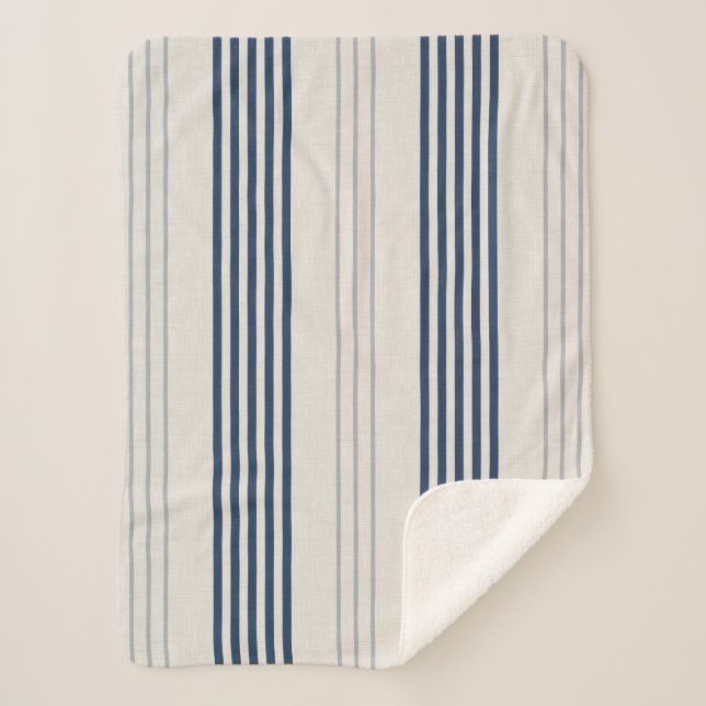 Navy Slate Ticking Stripe Linen Texture Sherpadecke (Vorderseite)