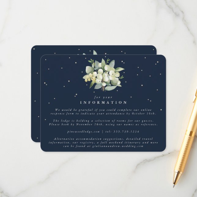 Navy Snowberry+Eucalyptus Bouquet Wedding Info Begleitkarte (Vorderseite/Rückseite Beispiel)