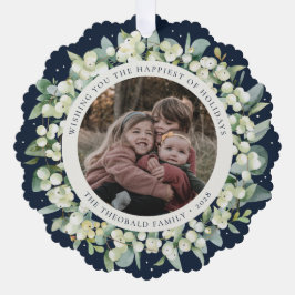 Navy Snowberry+Eucalyptus Holiday Wreath Photo  Ornament Karte
