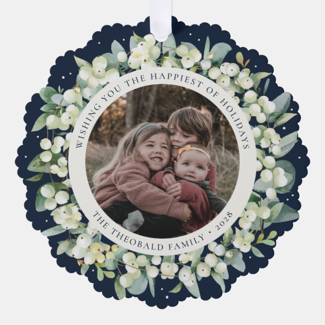 Navy Snowberry+Eucalyptus Holiday Wreath Photo  Ornament Karte (Vorderseite)