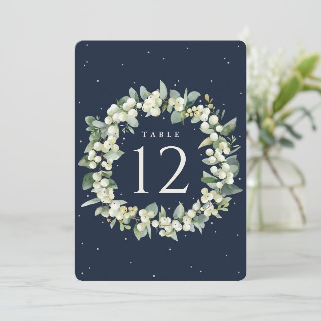 Navy Snowberry+Eucalyptus Wedding Tischnummer (Stehend Vorderseite)