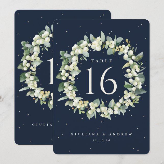 Navy Snowberry+Eucalyptus Wedding Tischnummer (Vorne/Hinten)