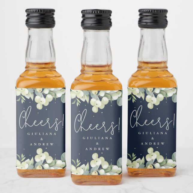 Navy Snowberry+Eucalyptus Winter Wedding Mini Alkoholflaschenetikett (Flaschen)