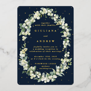 Navy Snowberry+Eukalyptus Hochzeitsempfang nur Folieneinladung