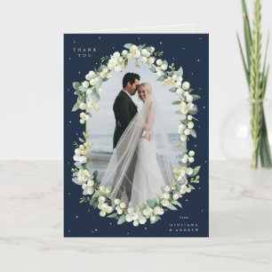 Navy Snowberry+Eukalyptus Wedding Foto geklappt Dankeskarte