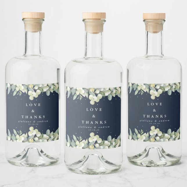 Navy Snowberry+Eukalyptus Winter Wedding Alkoholflaschenetikett (Flaschen)