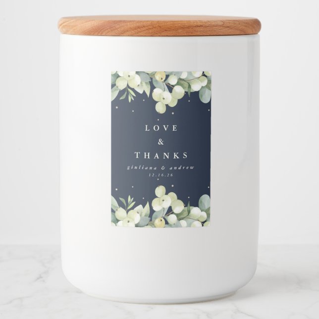 Navy Snowberry+Eukalyptus Winter Wedding Lebensmitteletikett (Vorderseite)