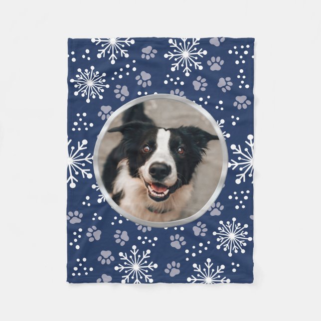 Navy Snowflake Paw Muster Pet Foto Fleecedecke (Vorderseite)