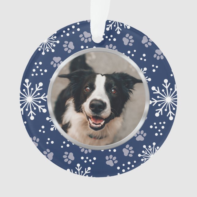 Navy Snowflake Paw Muster Pet Foto Ornament (Vorderseite)