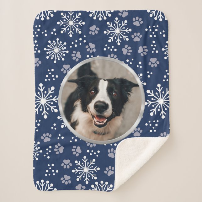 Navy Snowflake Paw Muster Pet Foto Sherpadecke (Vorderseite)