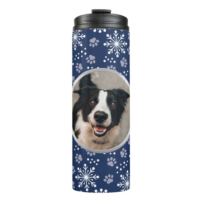 Navy Snowflake Paw Muster Pet Foto Thermosbecher (Vorderseite)