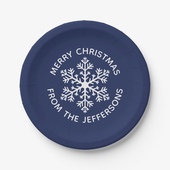 Navy Snowflake Weihnachtspapier Teller (Vorderseite)