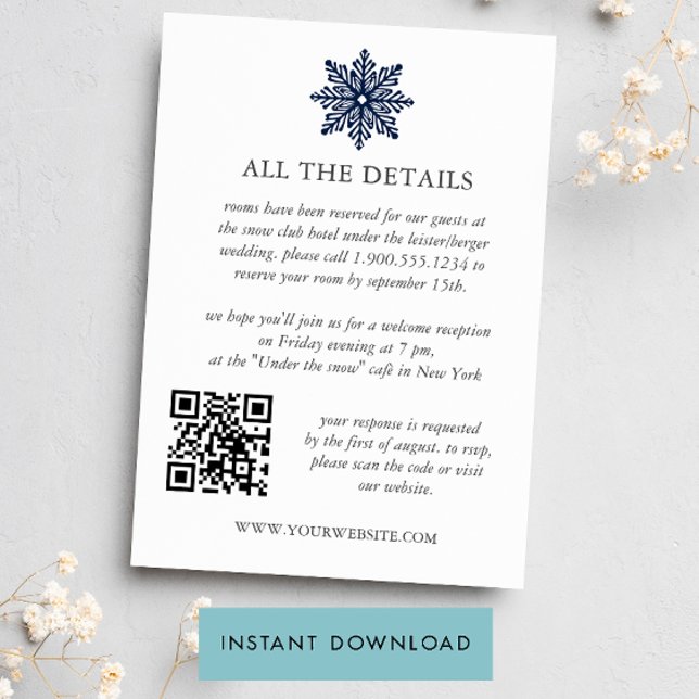 Navy Snowflake Winter WEDD QR DETAILS TEMPLATE Einladung (Von Creator hochgeladen)