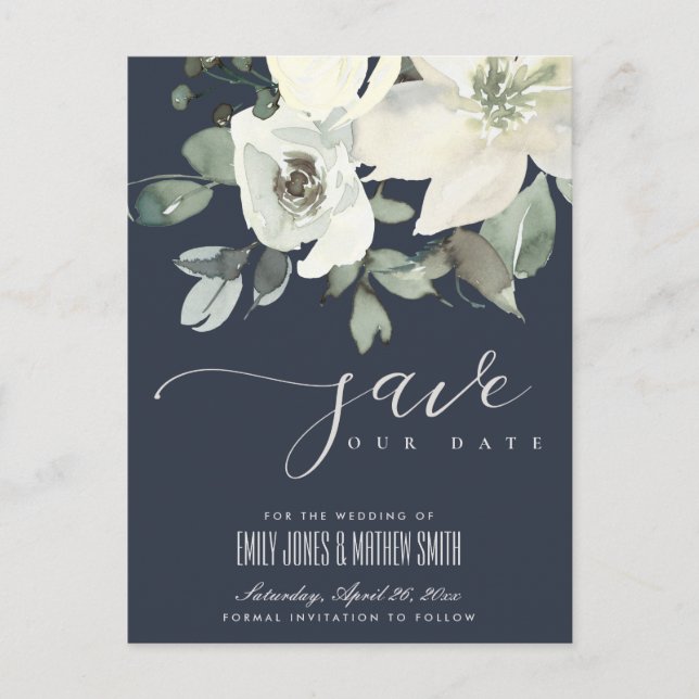 NAVY SOFT IVORY WHITE FLORAL BUNCH SAVE THE DATE ANKÜNDIGUNGSPOSTKARTE (Vorderseite)