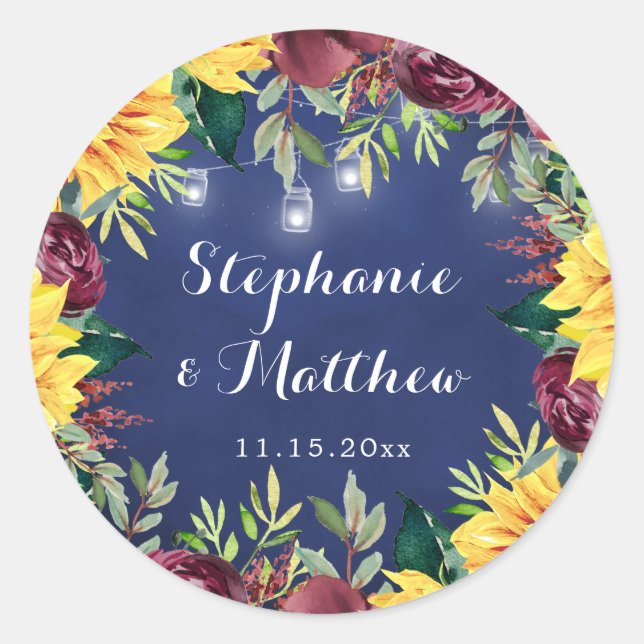 Navy Sonnenblumen Mason Jars Lights Blumenhochzeit Runder Aufkleber (Vorderseite)