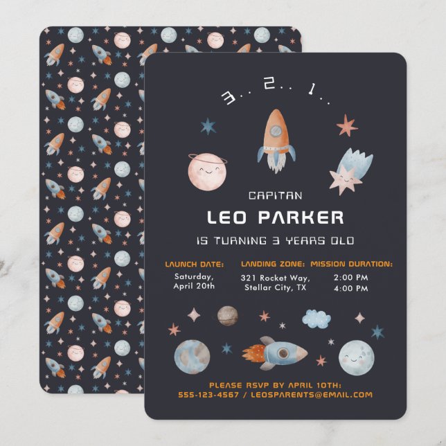 Navy Space | Galaxy Rocket Theme Einladung (Vorne/Hinten)