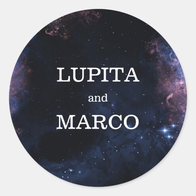 Navy Space Thema Elegante Stars Galaxy Hochzeit Runder Aufkleber (Vorderseite)