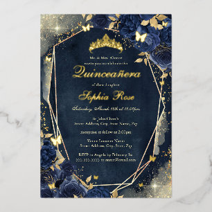 Navy Sparkle Gold Floral Butterfly Quinceanera Folieneinladung