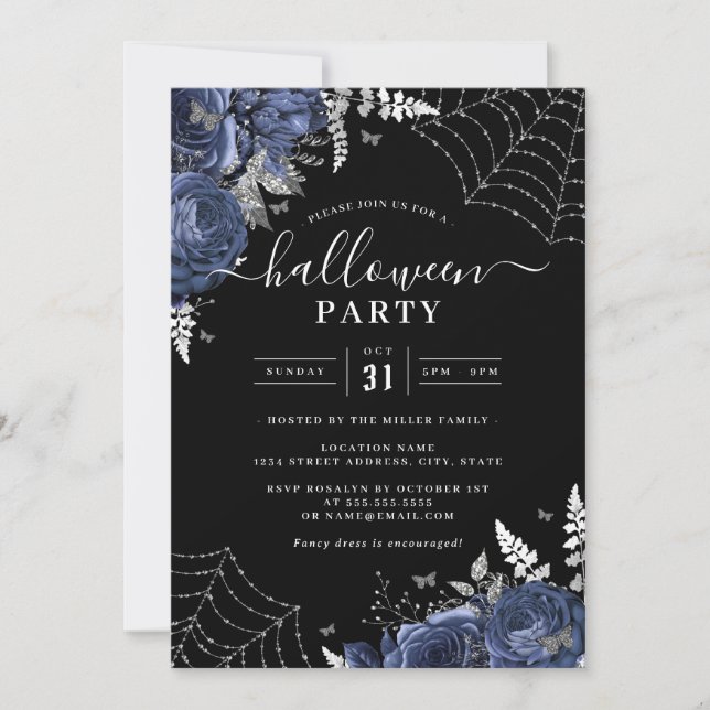 Navy Spooky Floral Cobwebs Halloween-Party Einladung (Vorderseite)