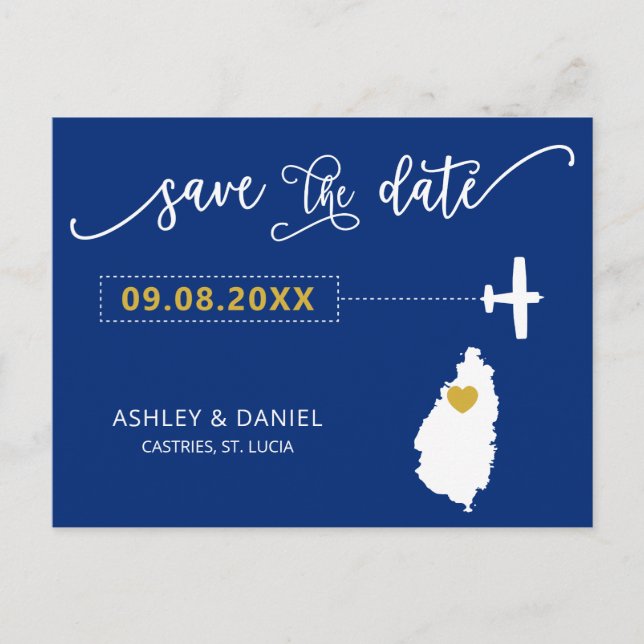 Navy St. Lucia Wedding Save the Date Map Postcard Postkarte (Vorderseite)