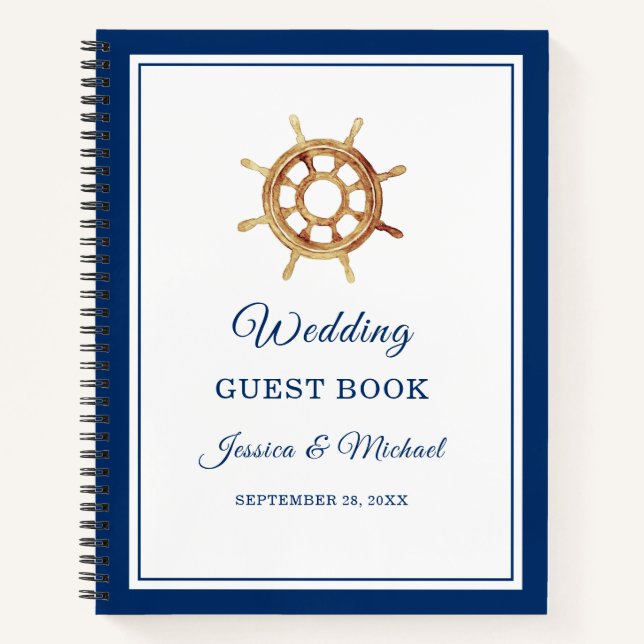 Navy Steering Wheel Nautical Wedding Guest Book Notizbuch (Vorderseite)