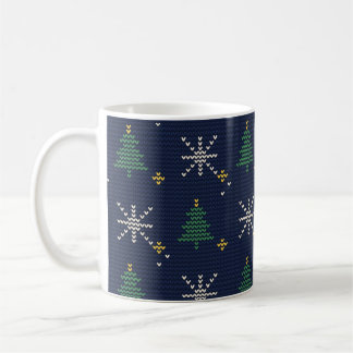 Navy-Strickmuster Weihnachtsbäume und Schneeflocke Kaffeetasse