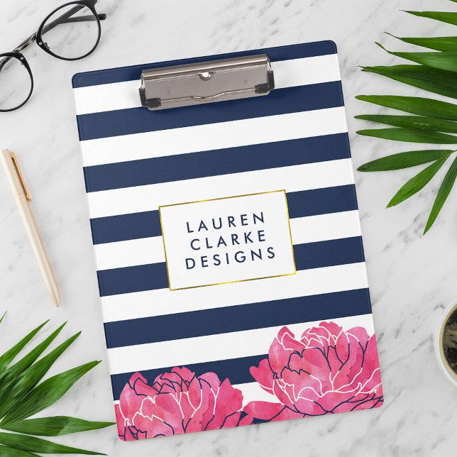 Navy Strip & Pink Peony Clipboard Klemmbrett (Von Creator hochgeladen)