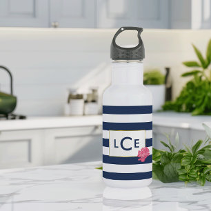 Navy Strip & Pink Peony Monogram Water Flasche Trinkflasche