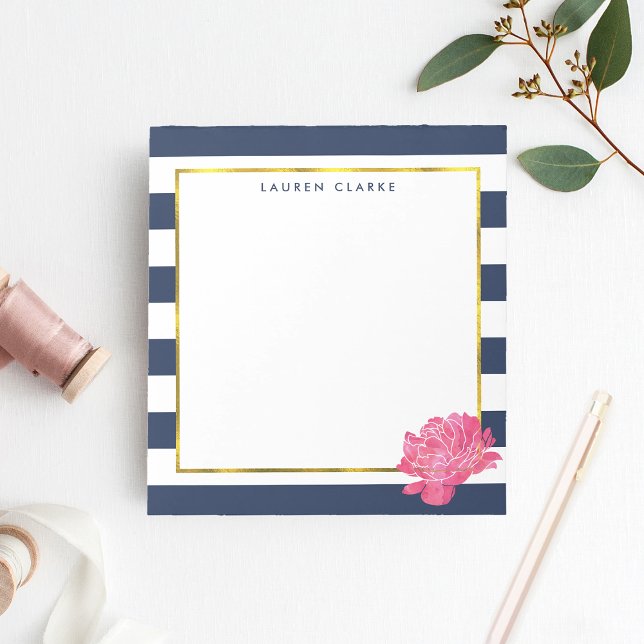 Navy Strip & Pink Peony Personalisiert Notepad Notizblock (Von Creator hochgeladen)