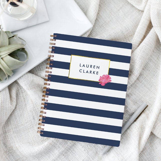 Navy Strip & Pink Peony Personalisiert Notizbuch (Von Creator hochgeladen)