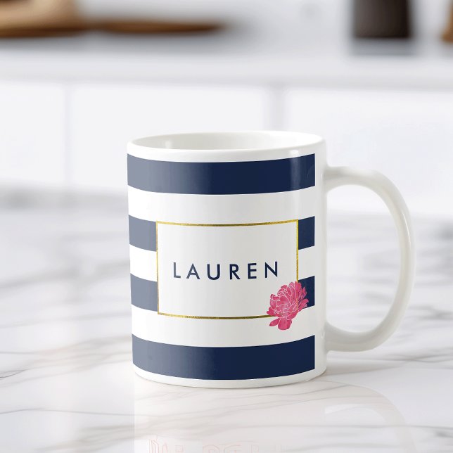 Navy Strip & Pink Peony personalisierte Mug Tasse (Von Creator hochgeladen)