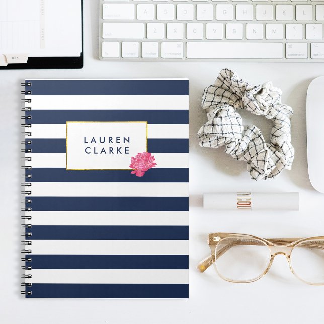 Navy Strip & Watercolor Pink Peony Notebook Notizblock (Von Creator hochgeladen)