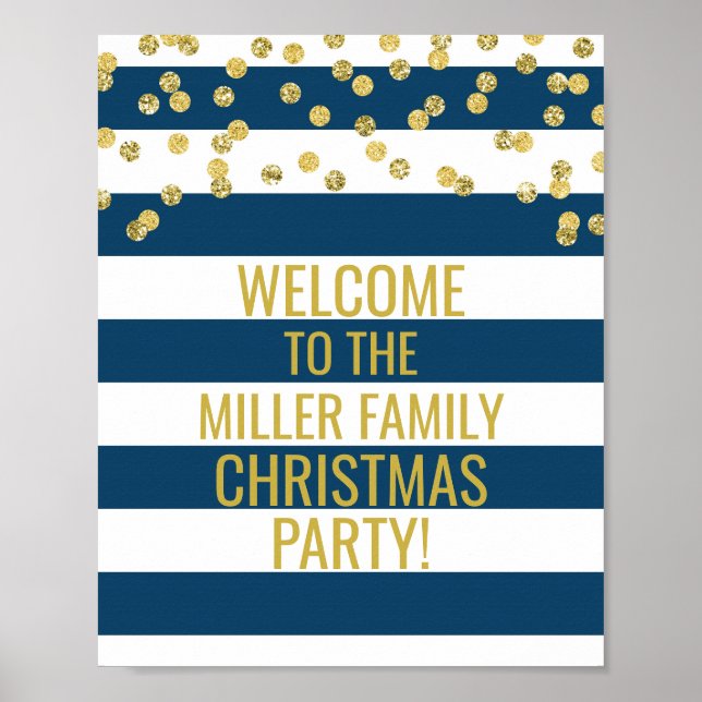 Navy Stripe Gold Confetti Begrüßung Weihnachts-Par Poster (Vorne)
