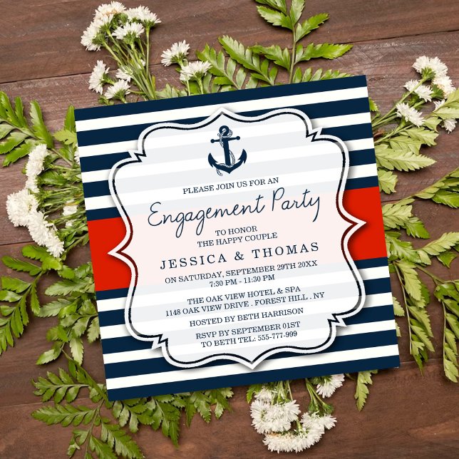 Navy Stripe Nautical Anchor Engagement Party Einladung (Von Creator hochgeladen)