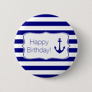 Navy Stripes and Nautical Anchor Birthday Party Button