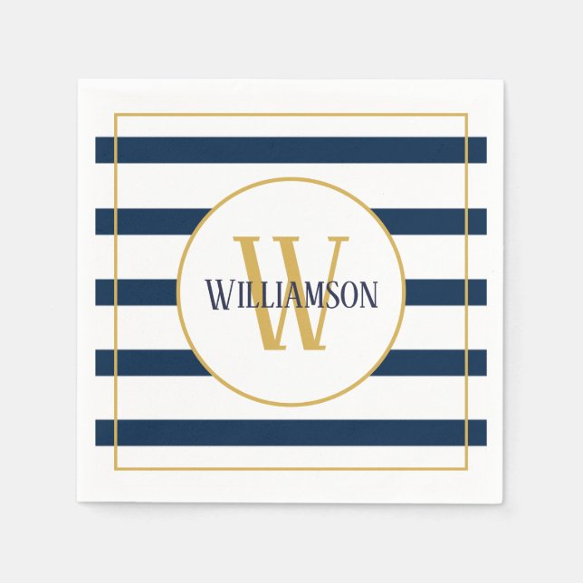Navy Stripes Nautic Personalisiert Monogram Name Serviette (Vorderseite)