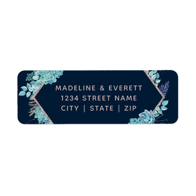 Navy Succulents & Rose Gold Wedding Rücksendeadres (Vorne)