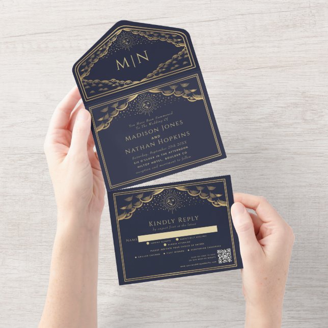 Navy Sun Moon Tarot Card QR Code Wedite Einladung (Abreißen)