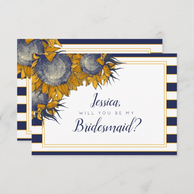Navy Sunflower Bridesmaid Card Einladung (Vorne/Hinten)