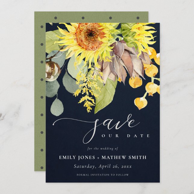 NAVY SUNFLOWER EUCALYPTUS FLORAL SAVE THE DATE EINLADUNG (Vorne/Hinten)