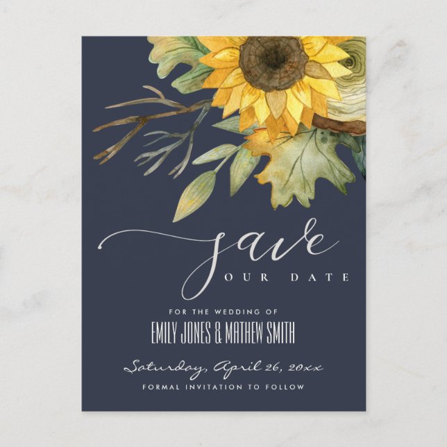 NAVY SUNFLOWER WASSERFLORALE SAVE THE DATE ANKÜNDIGUNGSPOSTKARTE (Vorderseite)