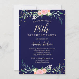 Navy Sweet Floral Sparkle Confetti 18. Geburtstag Einladung