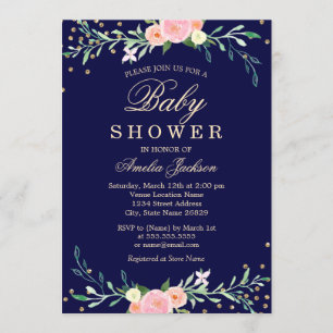 Navy Sweet Floral Sparkle Confetti Babydusche Einladung