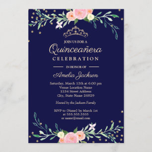 Navy Sweet Floral Sparkle Confetti Quinceanera Einladung