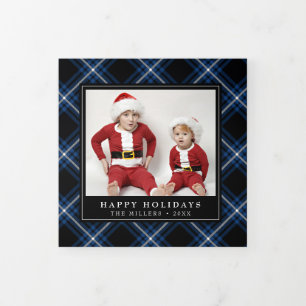 Navy Tartan Kariert Weihnachten Trifold Fotokarte Dreifach Gefaltete Urlaubskarte