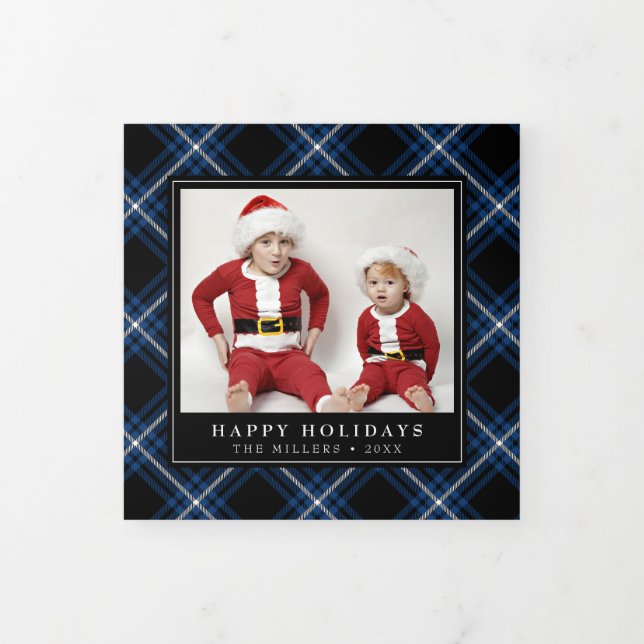 Navy Tartan Kariert Weihnachten Trifold Fotokarte Dreifach Gefaltete Urlaubskarte (Cover)