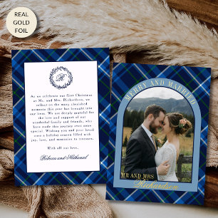 Navy-Tartan-Karo erstes Weihnachten verheiratet Fo Folien Feiertagskarte