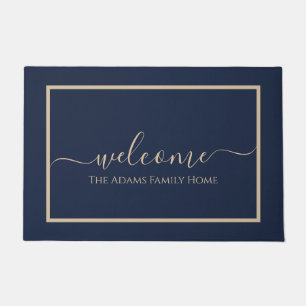 Navy Taupe Elegant Schrift Familienname Willkommen Fußmatte